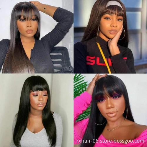 Full Machine Made Short Human Hair Wigs With Bangs, Brazilian Long Straight Human Hair Glueless Wig With Front Fringe Bangs